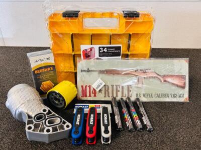 Tool Box Organizer, M14 Rifle Sign, Wood Polishing Spray, Kobalt Folding Hex Key Set, Oil Filters