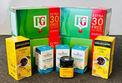 (4) Boxes Of PG Tips Tea Bags, Nordic Naturals Ultimate Omega Fish Oil Supplements, Raw Honey and (2) Boxes Of Lemon Lift Black Tea
