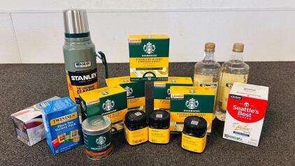 Stanley Stainless Steel Vacuum Bottle, Starbucks Blonde Roast Ground Coffee, Premium Instant Medium Roast, Teabags, Honey, Sugar Free Vanilla Flavored Syrup and More