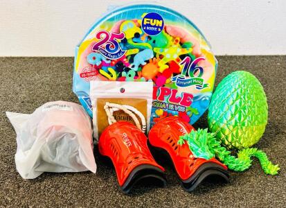 Fun Kidz Multiple Magic Grow Aqua Elves, Kids Size Small Red and Black Soccer Shin Giards and 3D Printed Egg and Dragon Figure