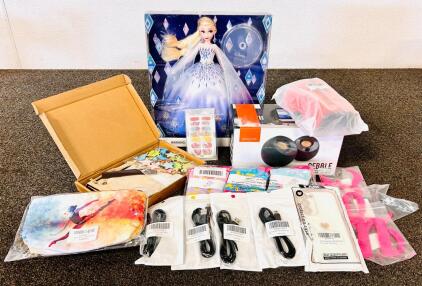 Pebble Modern 2.0 USB Desktop Speakers, Disney Style Series Elsa Doll, Girls Socks, Size Small Shin Guards, Magnetic Dinosaurs/ Stars and More