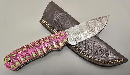 Damascus Steel Custom Hunting Knife W/ Leather Sheath *New*