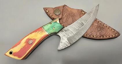 Damascus Steel Custom Skinning Knife W/ Leather Sheath *New*
