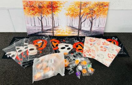 Fall and Halloween Placement Table Runners, (3) Piece Wall Art, and Squishy Toys