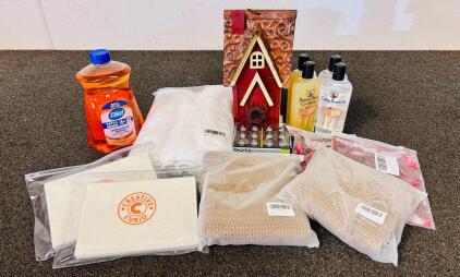 20"x35" White Towel, Dial Refill Hand Soap, Salt and Pepper Shakers, Creative Curio Wood Painting Stencils, Howard Butcher Block Oil/ Conditioner, Bird House and More