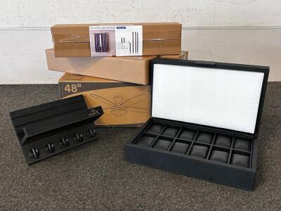(4) Splicing Curtain Rod Sets, 48" Ceiling Fan, Beautiful Black Watch Storage Box and Key Holder