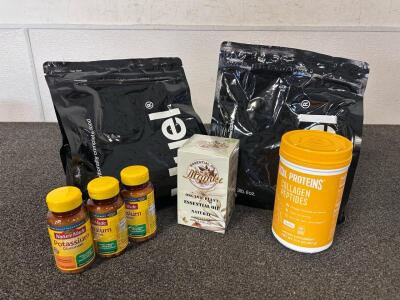 (2) 3 lb. Bags Of Huel Black Edition Vanilla Protein Powder, Nature Made Potassium Pills, Collagen Peptides, and Essential Oils