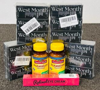 (12) West Month Firm Eye Skin Temporary Eye Tightening Creams, (2) Bottles Of Nature Made Potassium Pills, and (1) Enaskin Naturals Retinol Eye Cream