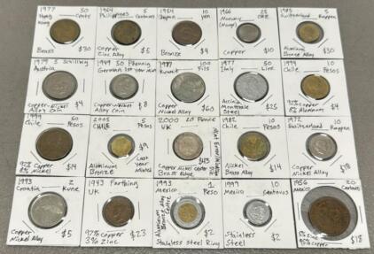 Diverse International Coin Collection, Various Denominations and Materials