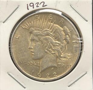 1922 Peace Dollar Coin, 90% Silver, No Mint Mark