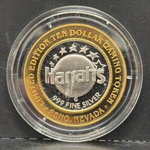 Harrah's Limited Edition $10 Casino Gaming Token, .999 Fine Silver