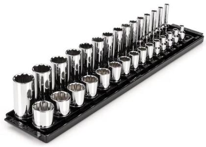 TEKTON 3/8 Inch Drive 12-Point Socket Set with Rails and Tray, 30-Piece (1/4-1 in.)