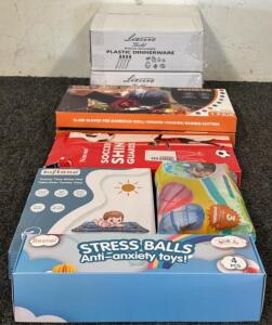 (2) Sets of Plastic Dinnerware, (2) Pairs of Heat Resistant Gloves, Soccer Shin Guards, & More