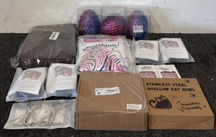 (3) 3D Printed Dragon Eggs, Stainless Steel Cat Bowl, 30pc Door Hinges, Kid&rsquo;s Shirts, & More