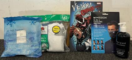 Marvel Venom Carnage Unleashed Comic, Men&rsquo;s Socks, Cooling Gator & Neck Wrap, Lavender Mint Shampoo & 36 Pcs Helmet Covers