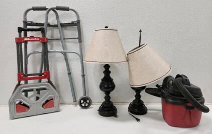 (2) Black Table Lamp W/ Beige Fabric Shade (1) Shop-Vac HangOn Wet Dry Portable Vacuum (1) Milwaukee Folding Hand Truck (1) Folding Rollator Walker