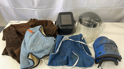 (1) Huntsman Black Welding Helmet 951 P (1) Cropped Leather Welding Jacket (1) Large Denim Apron & More