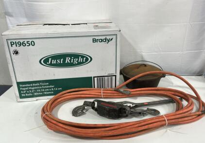 (1) Air Compressor Hose (1) Come-A-Long Ratchet (1) Cast Iron Dutch Oven (96) Roll Of Standard Bath Tissue