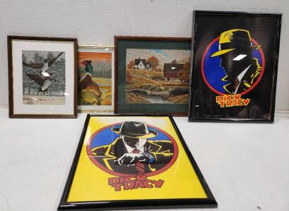 (1) 19 1/2"H X 25 1/2"W Framed Vintage Pheasant Needlepoint Artwork (1) 21 3/4"H X 17 3/4"W Framed Vintage 1984 Monarch Horizons Flying Canada Geese Needlepoint Artwork (1) 22 1/4"H X 25 3/4"W Framed Vintage Country Farm Cottage Barn Needlepoint Artwork (