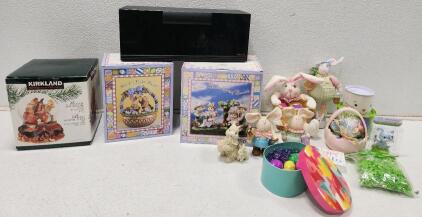 (1) Porcelain Easter Bunnies Rabbits Basket (1) Fabric Mache Bunnies Easter (1) Kirkland Signature Musical Waterglobe With Revolving Base And More