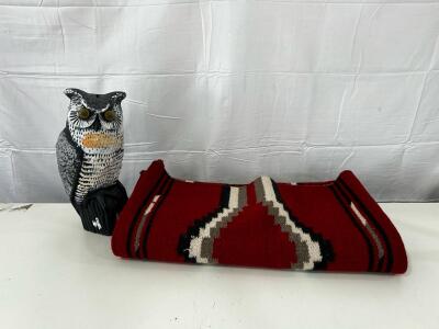 (1) 15&rdquo; Plastic Owl Decoy (1) 47&rdquo;x72&rdquo; Red Navjo Style Rug