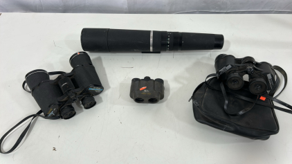 (1) Bausch & Lomb Discoverer 15-60 Power - 60mm Zoom Telescope Spotting Scope (1) Tasco Binoculars 7x35 Zip Focus 2000 Fully Coated W/ Case (1) Pentax UP 10x21 Navy Binoculars (1) Tasco 2008 10x50mm Binoculars