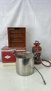 (1) 5 Gallon Stainless Steel Stockpot (1) Vintage Coleman Cooler (1) 13&rdquo;x15&rdquo;x3&rdquo; Woodcraft Bit Storage & More