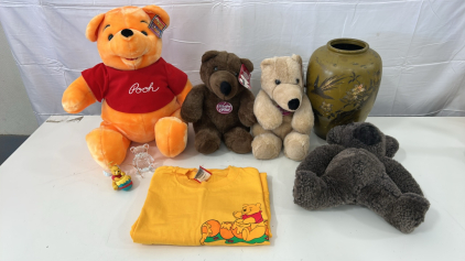 (1) Vintage Disney Winnie The Pooh 20&rdquo; Pooh Bear Plush Toy (2) Precious Plush Brown Plush Teddy Bear (1) Vintage Japanese Bronze Vase & More