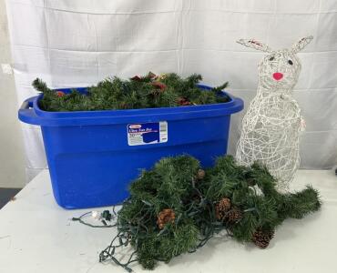 (1) 26&rdquo; White Easter Bunny Decor (2) Christmas Garlin W/ Pine Cones And Lights