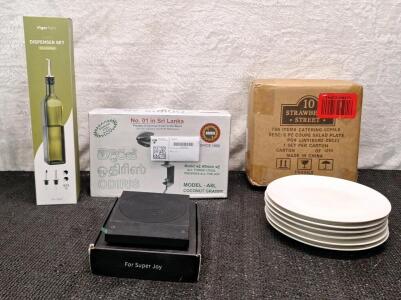 (1) 17-Oz Glass Viniger / Oil Dispenser Bottle, (1) Model A18L Coconut Grater, (1) 6-Pack Of 6" Ceramic Dalad Plates & (1) Digital Coffee Scale