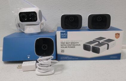 (2) Eufy SoloCam S220, Wireless Outdoor Security Camera w/ Solar Power (1) Eufy Security Indoor Cam S350 (1) Eufy Security Indoor Cam E220