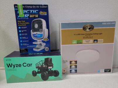 (1) New Wyze Car Remote Controlled Vehicle WYZECAR1 (1) Hampton Bay 11-inch LED Color Changing Flush Mount Ceiling Light (1) Arctic Air Evaporative Cooler Grip Go Portable
