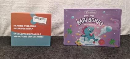(1) Cordless Heated Vibration Shoulder Wrap & (1) 16-Piece Dino-Toys Bath Bomb Set