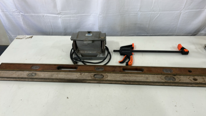 (1) Vintage Western Auto Wizard Bench Grinder Buffer Wire Wheel (2) 4&rsquo; Vintage Wooden Levels (1) 12&rdquo; Batchetibg Bar Clamp
