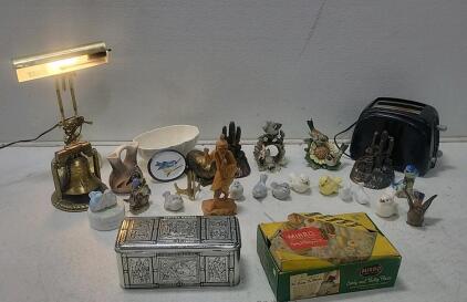 (1)Brass Desk Lamp (1)Toaster (22) Figurines (1)Box Full Of Silverware