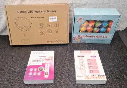 (1) USB Rechargeable 8" LED Makeup Mirror, (1) 60-Piece Bath Bomb Set, (1) USB Rechargeable 5-In-1 Grooming Kit & (1) USB Rechargeable 4-In-1 Grooming Kit