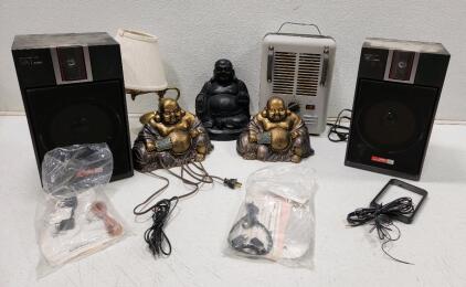 (2) Aiwa SX-7 Speakers (1) Patton Utility Heater (1) Vintage Brass Candlestick Lamp W/ Shade And Assorted Laughing Buddha