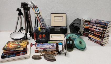 (1) Black & Decker One Size Black Jump Starter 300 AMP (1) Vintage Howe And FDRY Co Bench Table Pole Pipe (1) Vintage Universal Electric Iron And More