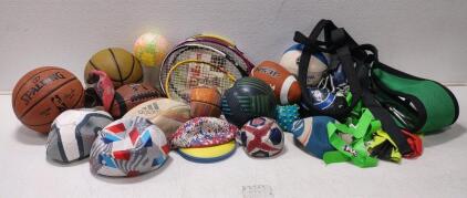 (16+) Assorted Sports Balls, (5) Tennis Rackets, (2) Flag Football Belts & More