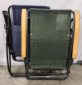 (2) Zero-Gravity Foldup Chair (1) Cobra Cable Snow Traction Tire Chains (1) Blue Folding Camping Chair (1) Large Blue And White Stripe Umbrella