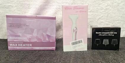 (1) Wax Heater, (1) USB Rechargeable 4-In-1 Ladies Bakini Shaver & (1) Small USB Rechargeable LED Lamp