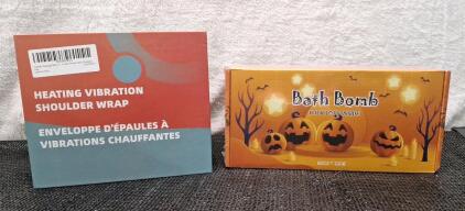 (1) Cordless Heated Vibration Shoulder Wrap & (1) 8-Piece Halloween Bath Bomb Set