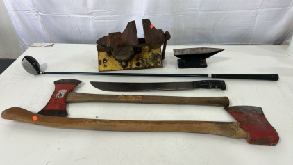 (1) Bench Vise (1) 27&rdquo; Double Headed Axe (1) 9&ldquo; Anvil & More