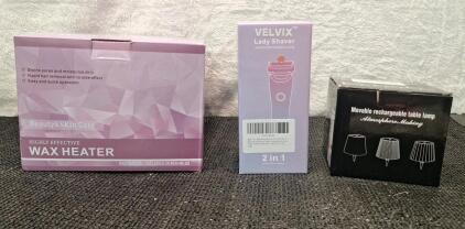 (1) Wax Heater, (1) USB Rechargeable Ladies 2-In-1 Shaver & (1) Small USB Rechargeable LED Lamp
