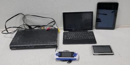 (1) Sega Genesis Ultimate Portable Game Player *Tested Works* cord included (1) 8.9" Kindle, *charges and powers on* (1) Toshiba DVD player, Model Number SD-3300KU, *Tested, Powers On* cords included (1) RCA Windows (1) RCA Cambio 10.1" 2-in-1 tablet w/ D