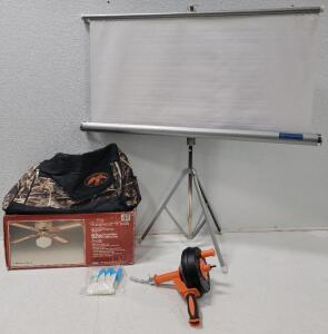 (1) 40&rdquo;x 44&rdquo; Radiant Projector Screen (1) *New* Breezz Power Drum Auger 1/4 x 25 Ft SG-DS2056 *New, Damaged Box* (1) *New, sealed* Vintage Wooden 52" Ceiling Fan, "The Emperor Flush" (1) *New* Duck Commander 24" Duffel