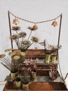 (1) Signed Curtis Jere 3-D Brass Copper Flower Cart Sculpture Circa 1960s