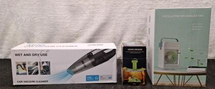 (1) Mini Car Vacuum, (1) USB Rechargeable Camping Light & (1) Oscillating Tabletop Cooling Fan