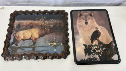 (1) 19.5&rdquo;x22.5&rdquo; Resin Elk Wall Clock (1) 15&rdquo;x21.5&rdquo; Resin Wolf And Bald Eagle Wall Clock