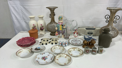 (1) Etched Flower Glass Pitcher (2) Empress China Tea Cup Plates (2) Ceramic Rose Vases & More